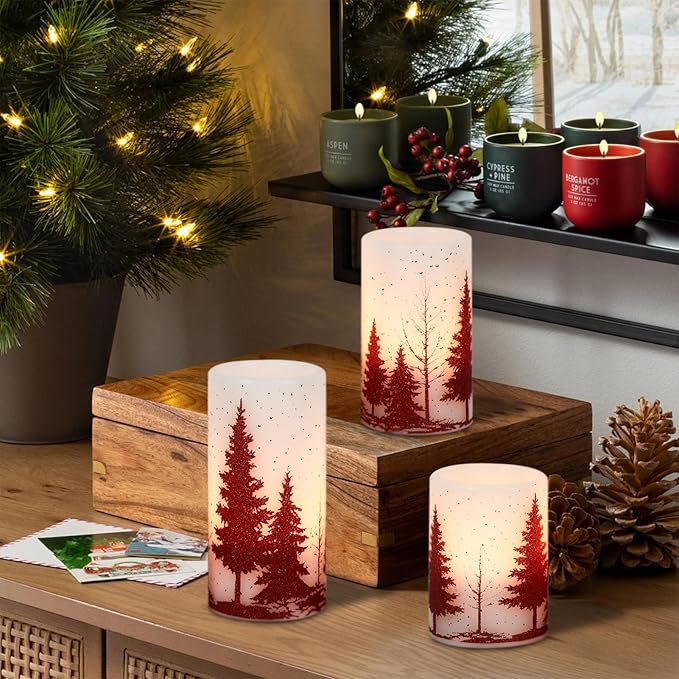 DRomance Christmas Tree Flameless Flickering Candles Battery Operated with 6H Timer, 3 Pack Real Wax Warm Light LED Pillar Candles Dinner Tabletop Holiday Centerpiece Decor 3" x 6"