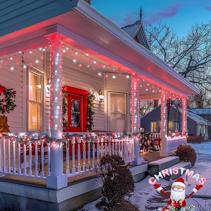 JMEXSUSS 2 Pack Red and White Battery String Lights, Each 33ft 100 LED Battery Powered Christmas Lights with Remote for Outside Party Birthday