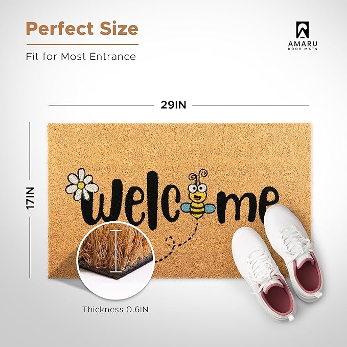 Bee - 17"x29" - Coir Door Mat with Heavy Duty Backing - Welcome Mats for Entryway, Porch - Anti-Slip PVC & Coconut Fiber Surface - Natural Home Accessories, Minimalist Original Design