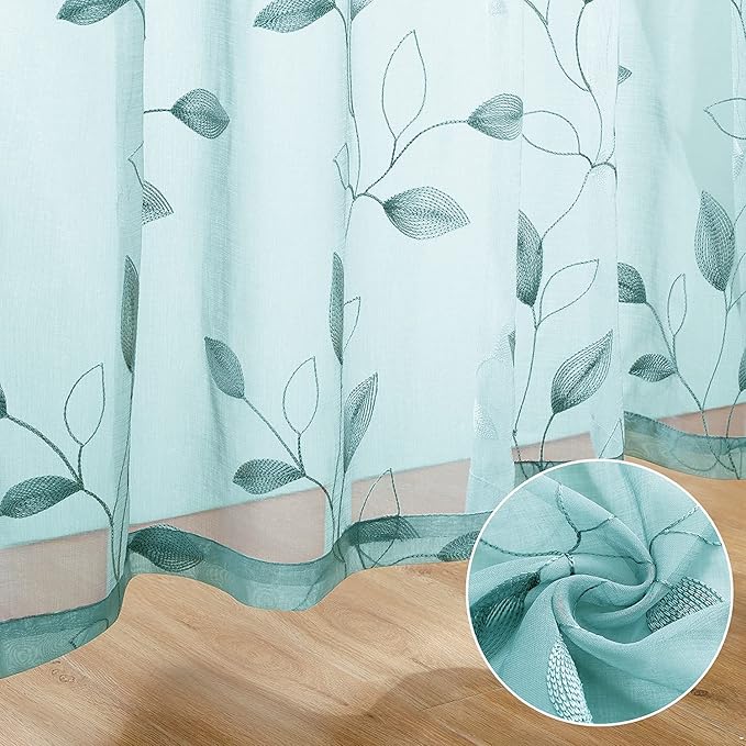 HOMEIDEAS Turquoise Aqua Sheer Curtains 52 X 63 Inches Length 2 Panels Embroidered Leaf Pattern Pocket Faux Linen Floral Teal Voile Window Drapes for Bedroom Living Room