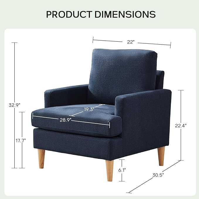 VKNOW Mid-Century Accent Chair, Modern Upholstered Armchair for Living Room, Comfy Reading Accent Chairs with Wood Legs for Bedroom, Navy Blue Polyester