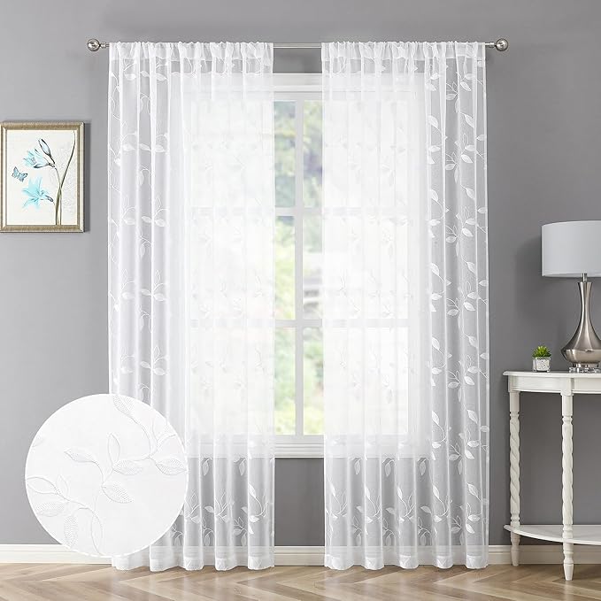 Tollpiz White Leaf Sheer Curtain Leaves Embroidered Bedroom Curtains Rod Pocket Voile Window Treatment for Living Room, 54 x 95 inches Long, Set of 2 Panels