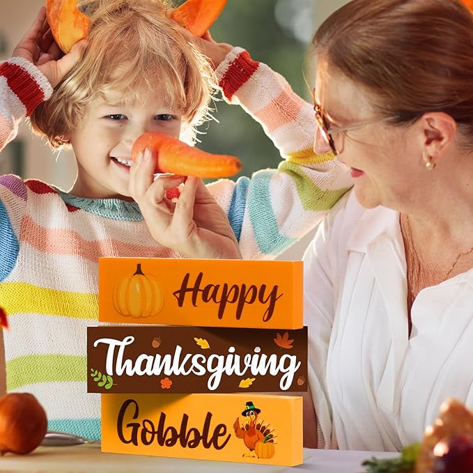 3 Pcs Thanksgiving Wooden Tabletop Signs Pumpkin Tiered Tray Decor Fall Double Side Centerpiece Rustic Wooden Block for Home Autumn Table Mantel Harvest Shelf Decor