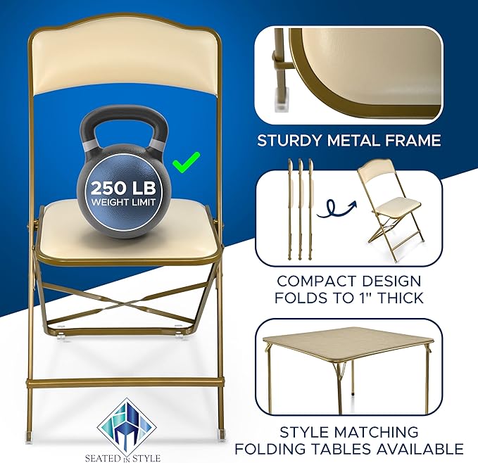 Folding Chairs with Padded Seats 4 Pack - Foldable Chair with Heavy-Duty Steel Frame, Elegant Bridge Chairs for Outside, Home, Office, Indoor & Outdoor Events - Gold/Almond