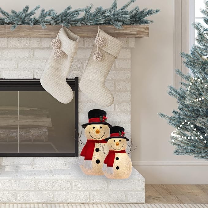 Haute Decor 13 Inch Tall Spun Acrylic Snowman with LED Lights, Battery Operated with Built-in Timer - Christmas Holiday Decoration for Mantel, Tabletop, Counter, Entryway, Art Nook