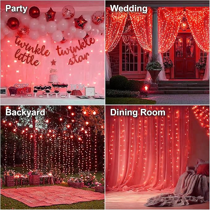 HXWEIYE 300LED Fairy Curtain Lights, 9.8x9.8Ft Red USB Plug in 8 Modes Timer Christmas String Hanging Lights with Remote for Bedroom Backdrop Wedding Party Home Wall Garden Outdoor Indoor Decor