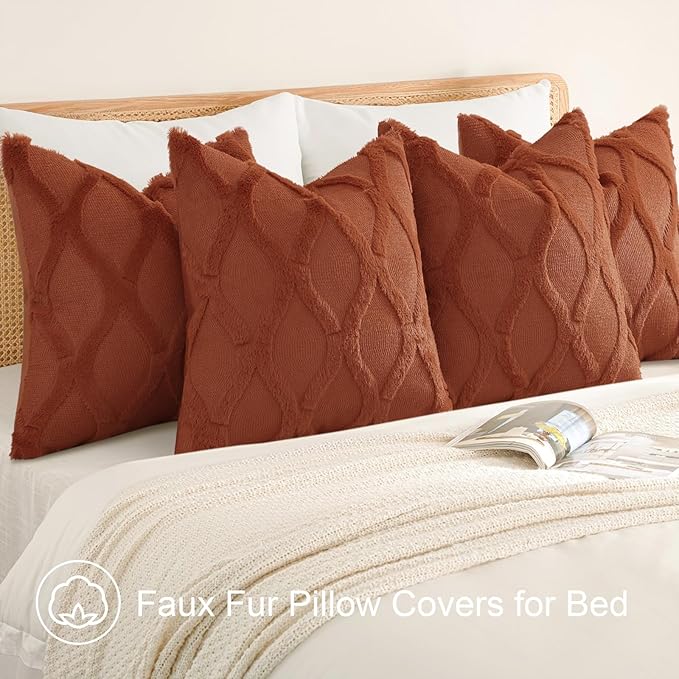 decorUhome Set of 4 Rust Throw Pillow Covers 16x16 Inch, Neutral Decorative Soft Plush Faux Wool Couch Pillow Covers, Farmhouse Pillow Cases for Living Room Bed Sofa