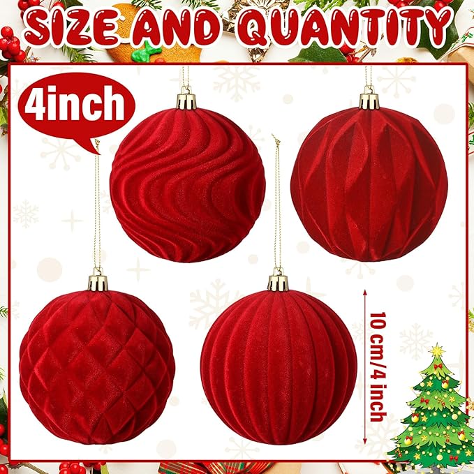 4 Pcs 4 Inch Large Velvet Christmas Ball Ornaments Vintage Christmas Plastic Ball Ornaments Flocked Tree Hanging Decoration for Xmas Party Wedding Home Decor(Red)