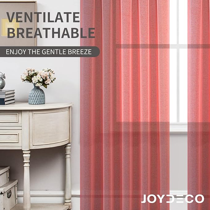Joydeco Red Sheer Curtains 63 Inch Length 2 Panels Set, Rod Pocket Long Sheer Curtains for Window Bedroom Living Room, Lightweight Semi Drape Panels for Yard Patio (54x63 inch, Red)
