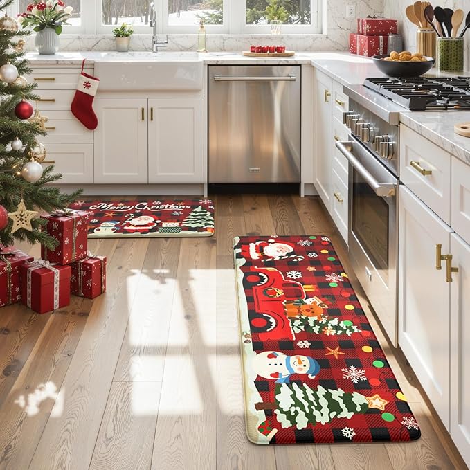 Christmas Kitchen Mats Anti Fatigue - Christmas Kitchen Rugs Sets of 2, Santa Claus Cartoon Buffalo Plaid Farmhouse Floor Mat, Non Slip Cushioned Home Christmas Decorations Gift(Red & Black)