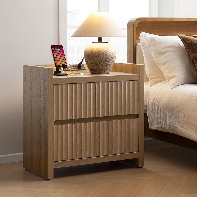 SICOTAS Fluted Night Stand Set 2 - Nightstands with Charger Station, Large Modern Bedside Table End Table with 2 Drawers, 25" Wide Farmhouse Nightstand for Bedroom (Caramel Oak, 2 Pieces)