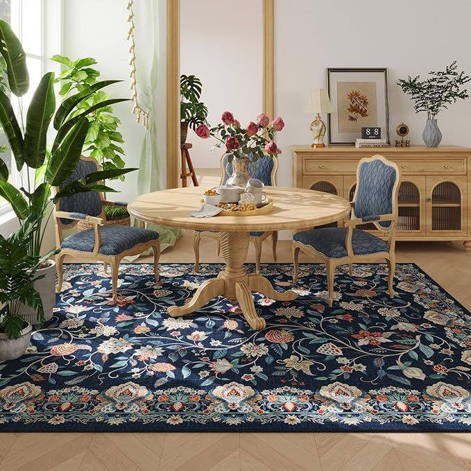 Rugcomf Vintage Paisley Rugs for Living Room 5'x7' - Machine Washable Area Rug, Non-Slip Low Pile Floral Carpet for Bedroom, Dining Room, Farmhouse, Office, Kids Playroom - Blue