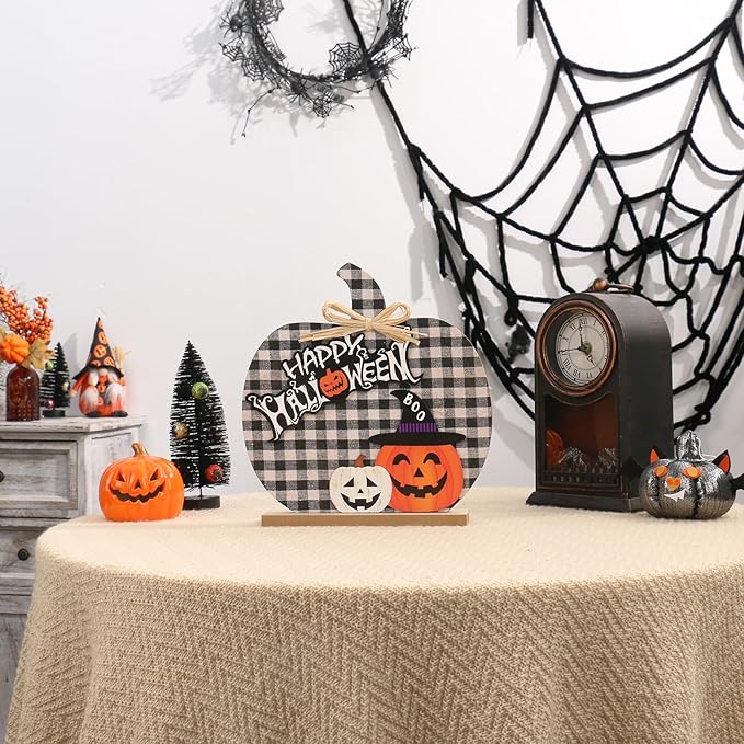 Super Holiday Halloween Pumpkin Decorations, 11"/28CM Wooden Buffalo Plaid Tabletop Decorations, for Home Farmhouse Living Room Indoor Party Decor.