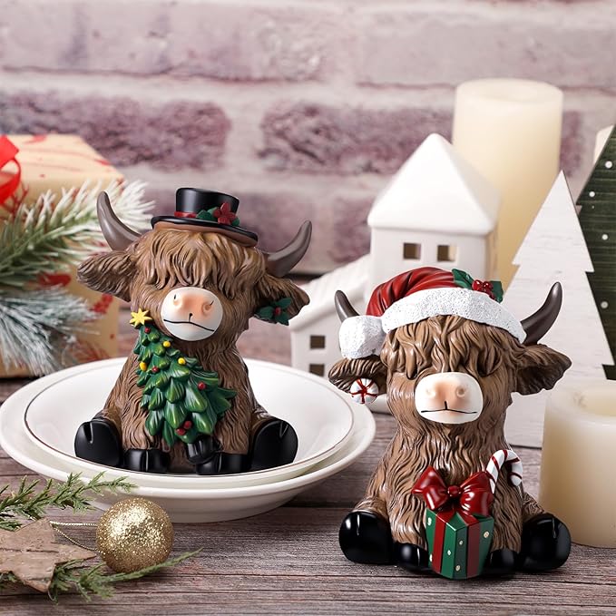 Karenhi 2 Pcs Highland Cow Figurines Christmas Poinsettia Candy Cane Tree Highland Cow Gnomes Scottish Resin Statue Calf Lovers Gifts for Xmas Home Garden Kitchen Office Tiered Tray Table Decor