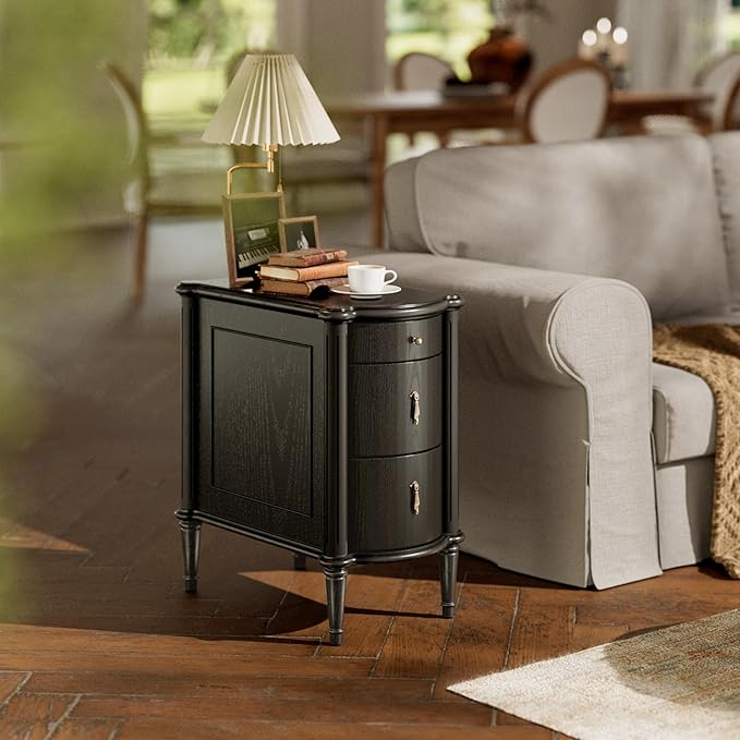 STO'SENSE Nightstand w/Charging Station & 3 Drawers, Pre-Assembled, Vintage Side Table w/Antique-Finished Pulls, Rustic Wood Finish, Narrow End Table w/Turned Legs for Bedroom (2, Black)