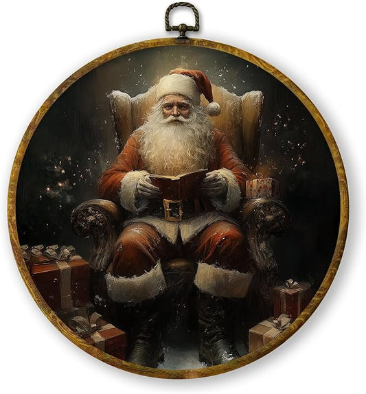 QZQE Vintage Christmas Santa Round Wall Art Decor Framed, Dark Moody Santa Reading Book Circle Canvas Prints, Rustic Xmas Circular Wall Hanging Decor for Home Library Reading Room Gallery, 10x10 Inch