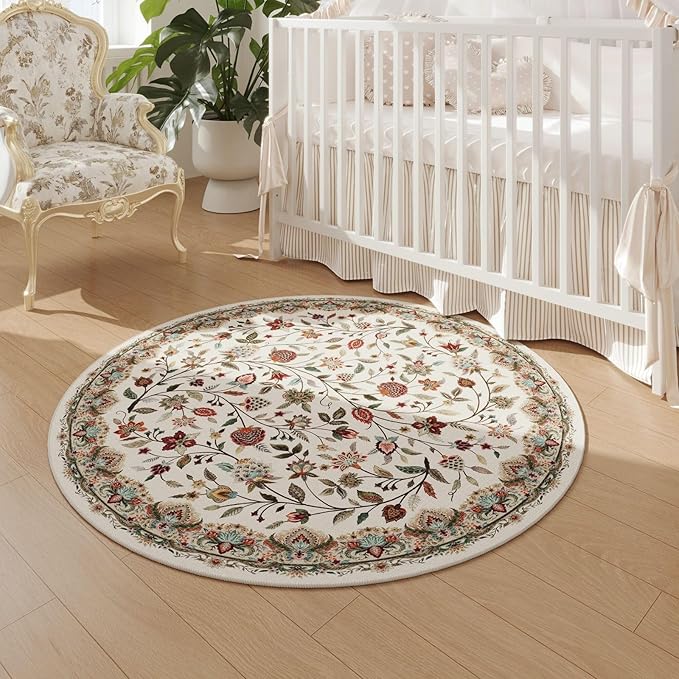 Rugcomf Vintage Paisley Round Rug 4ft - Machine Washable Area Rug, Non-Slip Low Pile Floral Carpet for Entryway, Living Room, Bedroom, Dining Room, Kids, Bathroom, Office - Beige