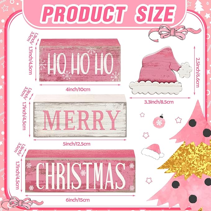4 Pcs Christmas Table Decorations Pink Santa Hat Decor Christmas Tiered Tray Decor Rustic Wood Pink Hat Block Sign Gift Xmas Table Centerpiece Farmhouse for Home Shelf Kitchen Decorations