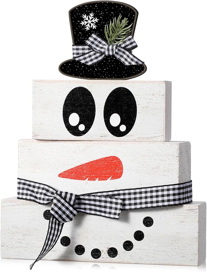 4 Pcs Snowman Christmas Decor Winter Table Decoration Christmas Tiered Tray Decor Rustic Snowman Face Wood Block Sign Gift Winter Centerpiece Farmhouse for Home Tabletop Office Kitchen