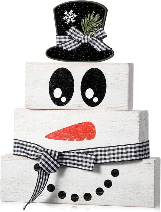 4 Pcs Snowman Christmas Decor Winter Table Decoration Christmas Tiered Tray Decor Rustic Snowman Face Wood Block Sign Gift Winter Centerpiece Farmhouse for Home Tabletop Office Kitchen