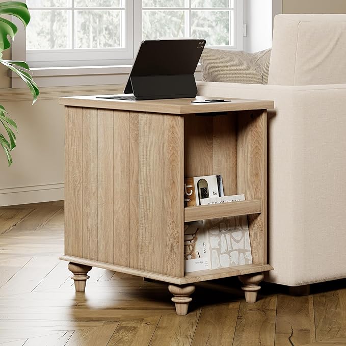 WAMPAT Set of 2 End Tables with Charging Station, Light Wood Sofa Side Table with Drawer & Storage Cabinet, Farmhouse Nightstand with Power Outlets & USB Ports for Living Room, Bedroom, Oak