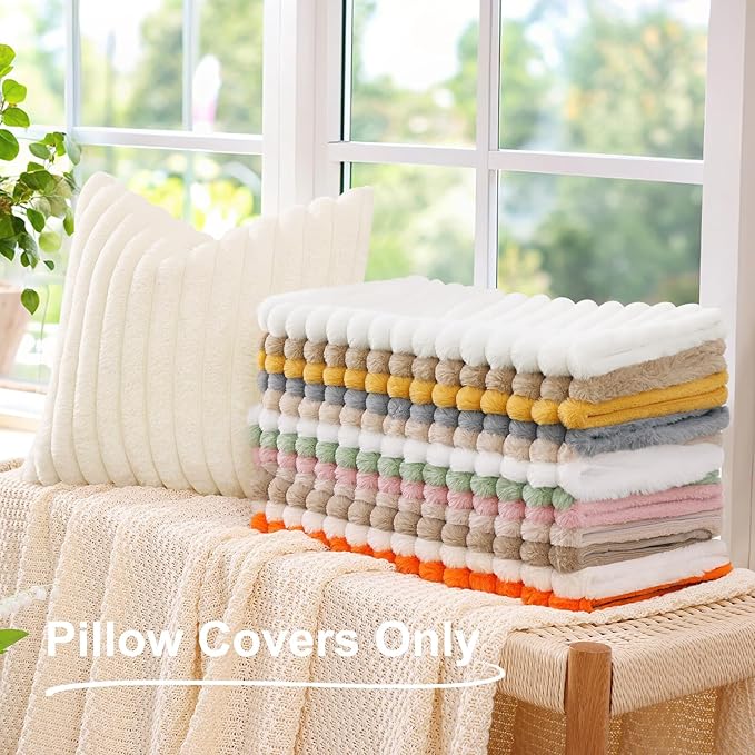 decorUhome Faux Fur Throw Pillow Covers 24x24 Set of 2, Decorative Soft Plush Striped Neutral Couch Euro Pillow Covers with Velvet Back for Sofa, Bed, Living Room Home Decor, Mustard Yellow