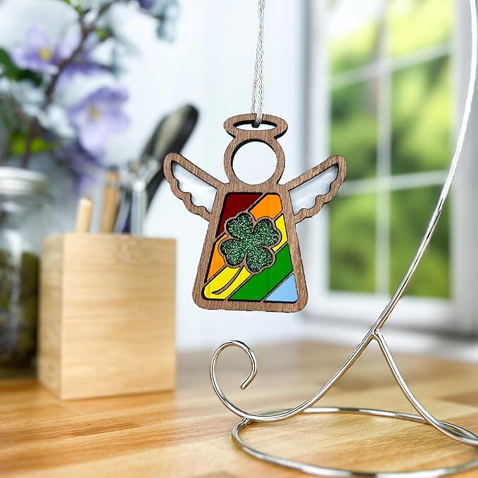 Rainbow Baby Ornament - Lucky Four Leaf Clover Suncatcher - Irish Blessing Decor - Angel Ornaments for Christmas Tree - 3.5" (H)