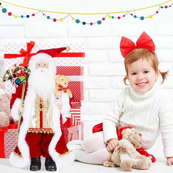 Uten 18" Santa Claus Decorations, Christmas Standing Figurine Ornaments with Gifts Bag and Small Bear for New Year Christmas Decoration Navidad Natal Gifts.