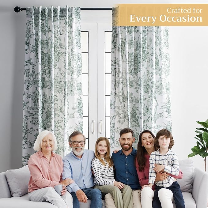 Maison d' Hermine Curtains for living room 100% Cotton 124 inch length Two Panels Light Filtering Toile Curtains with rod and loop Pockets (The Miller Antique Green (White Background), 50"W x 124"L)