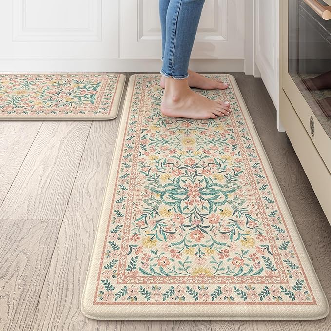 Collive Kitchen Mats for Floor, Cushioned Anti Fatigue Mat Non Skid Waterproof Kitchen Rugs Set of 2, Modern Floral Comfort Standing Rug for Home, Office, Sink, Laundry, 17"x29"+17"x47", Pink