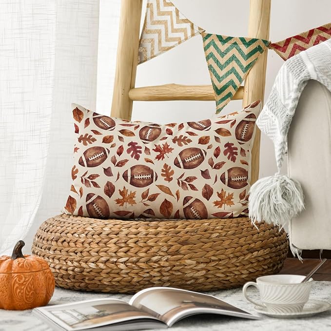 AVOIN colorlife Fall Football Maple Leaves Throw Pillow Cover 12x20 Inch, Seasonal Autumn Thanksgiving Harvest Cushion Case Decoration for Sofa Couch