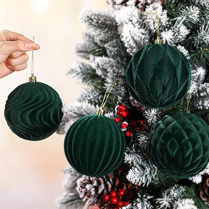 4 Pcs 4 Inch Large Velvet Christmas Ball Ornaments Vintage Christmas Plastic Ball Ornaments Flocked Tree Hanging Decoration for Xmas Party Wedding Home Decor(Green)
