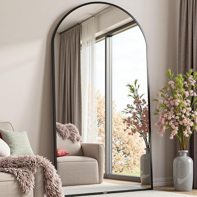 Full Length Mirror, 71"*26" Arched Full Body Mirror with Stand, Large Floor Mirrors for Leaning or Hanging, Big Mirrors for Bedroom, Living Room,Dressing Room, Aluminum Alloy Frame, Black