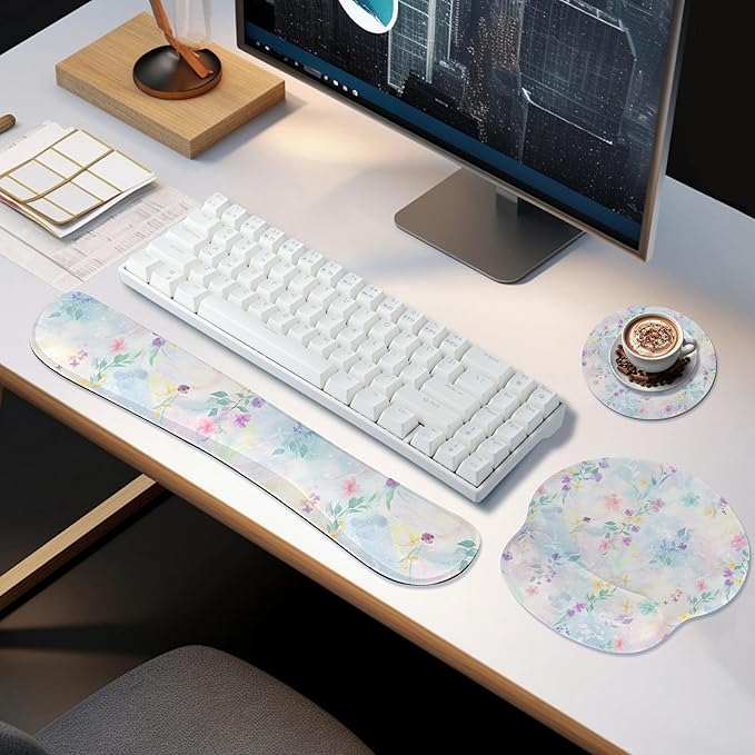 Ergonomic Keyboard Mouse Pad Wrist Rest Support Set for Laptop/Computer/Desktop,Memory Foam Hand Rest Wrist Cushion for Gaming/Office,Lightweight Comfortable & Pain Relief (Colorful Flowers)