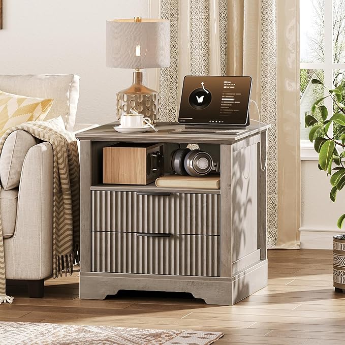 Fluted Nightstand Set of 2, 24'' Sofa Side Table with 2 Drawers, Farmhouse Bedside Table with Storage, Large End Table for Bedroom, Living Room, Greige