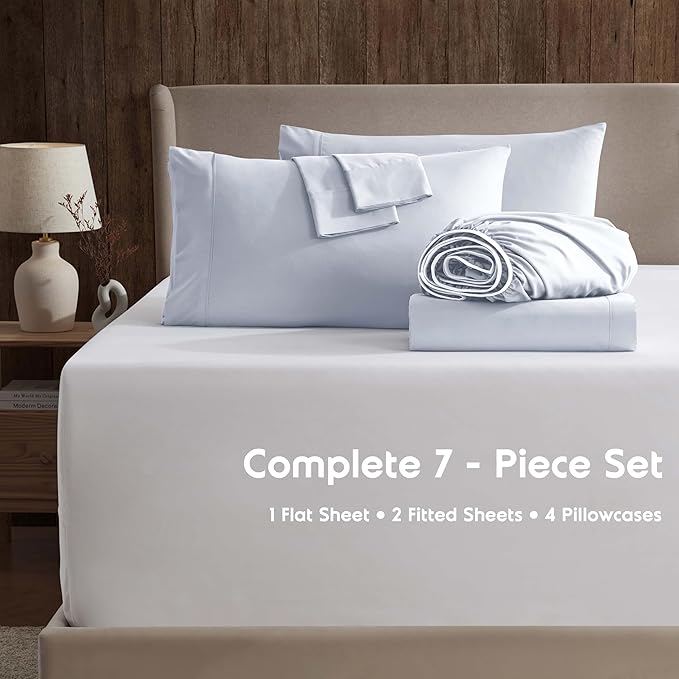 Nestl Extra Deep Split King Sheet Set - 7 Piece Breathable & Cooling Sheets - Hotel Luxury Bedding Set w/18-24 Inch Deep Pockets - Easy & Secure Fit - Super Soft, Wrinkle Free & Comfy - Ice Blue