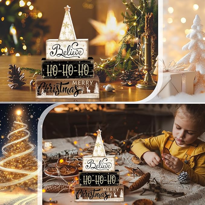 Britimes 4 Pcs Christmas Tiered Tray Decorations Set Believe HO-HO-HO Merry Christmas Reindeer Stack Block Signs Neutral Rustic Holiday Decor (Neutral HO-HO)