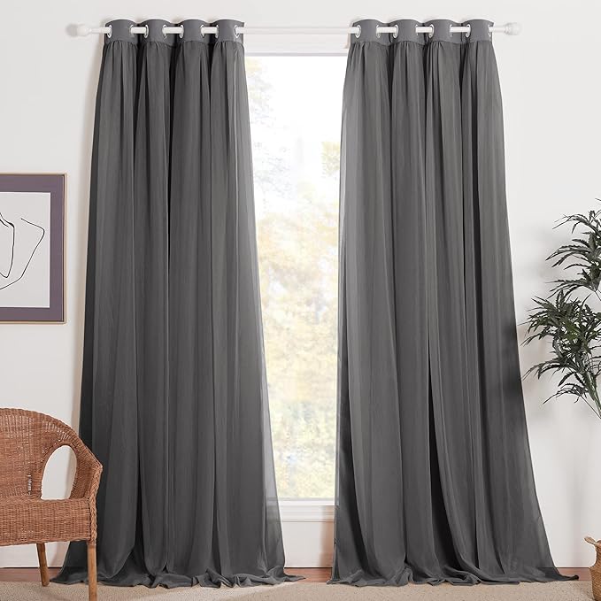 NICETOWN 84 inches Long Grommet Top Mix and Match Curtain Set, Crushed Sheer & Thermal Insulated Blackout Drapes with Tiebacks for Living Room, 52 Wide, Grey, 2 Layers Per Panel, Sold as 2 Panels