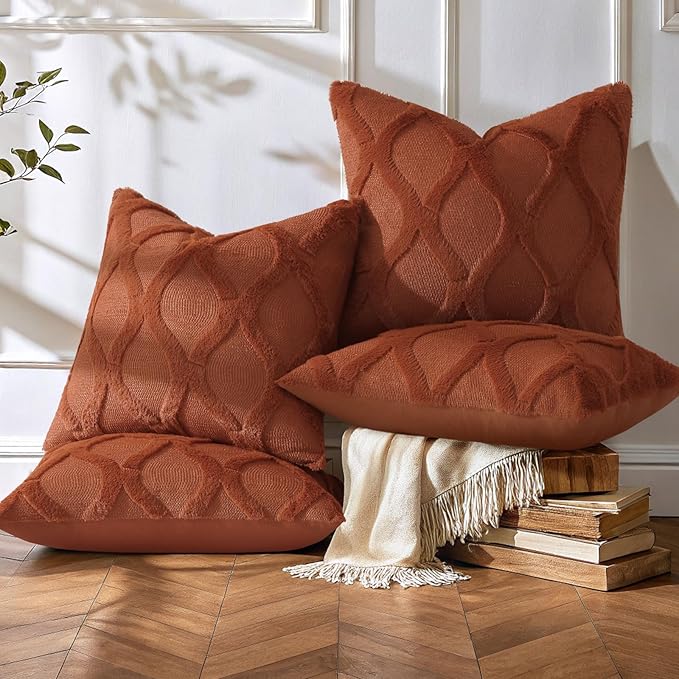decorUhome Set of 4 Rust Throw Pillow Covers 16x16 Inch, Neutral Decorative Soft Plush Faux Wool Couch Pillow Covers, Farmhouse Pillow Cases for Living Room Bed Sofa