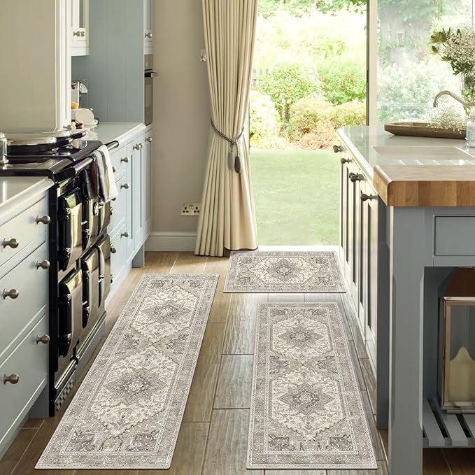 Yamaziot Boho Washable Kitchen Rugs Sets of 3, Non Slip Kitchen Mats for Floor with Rubber Backing, Waterproof & Stain Resistant Carpet Runner Throw Rug for Kitchen, Laundry Room, Hallway, Beige Grey
