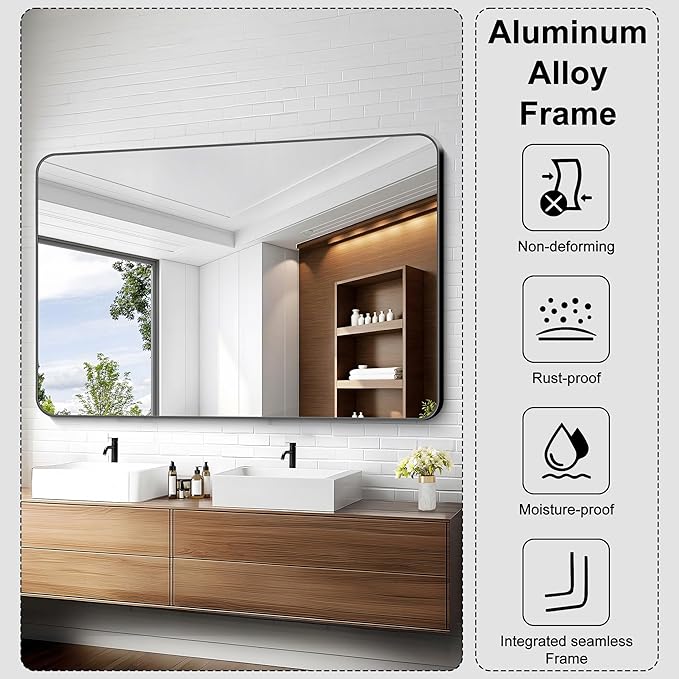 KOCUUY 55x36 Black Bathroom Mirror, Large Matte Black Vanity Mirror, Tempered Glass Mirror for Bathroom Wall, Black Rounded Rectangle Mirror Modern Decor for Bedroom, Living Room, Farmhouse, Entryway