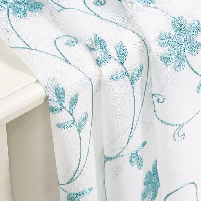 HOMEIDEAS White and Blue Embroidered Floral Sheer Curtains 84 Inches Long 2 Panels Flower Pattern Semi Sheer Window Curtains for Bedroom Living Room