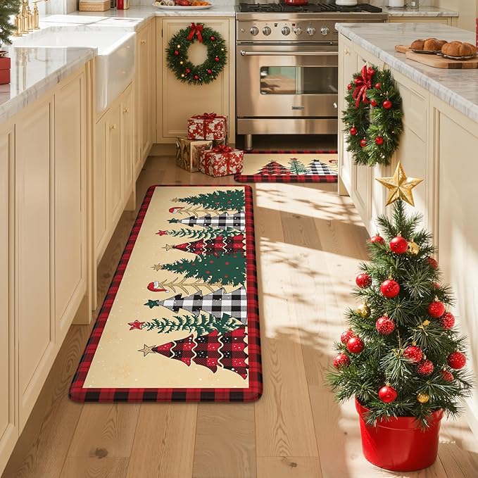 Merry Christmas Xmas Tree Kitchen Mat 2PCS, Anti-Fatigue Cushioned Waterproof Kitchen Mats for Floor Buffalo Plaid Kitchen Rug, Non Skid Comfort Standing Rugs for Laundry Office Desk Decor, Beige/Red