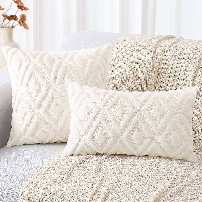 decorUhome Christmas Couch Throw Pillow Covers 20x20 Set of 2, Decorative Soft Plush Faux Wool Neutral Accent Pillow Covers for Bed Sofa Living Room, Cream White