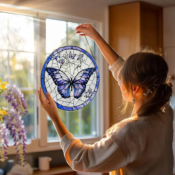 Stained Glass Window Hanging, 8 Inch Purple Butterfly Stained Glass Suncatcher, Butterfly Light Catcher, Window Hanging Decor, Gifts for Mother's Day, Christmas, Birthday, Gifts for Women Mom Grandma