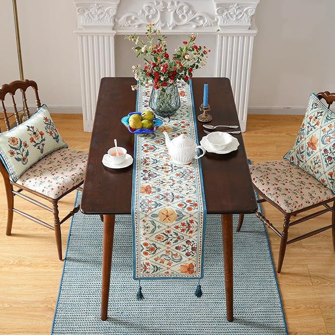 ISAENNE Designer Bohemian Elegant Linen Table Runner 87 Inches Long,Colorful Flower Pattern Table Runners for Dining Tables,Thanksgiving,Kitchen Tables,Christmas,12"*87"-Floralsea A