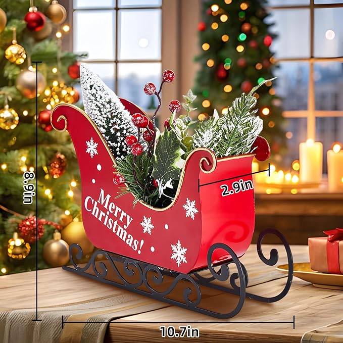 Christmas Table Decorations Christmas Sleigh Table Decor Christmas Table Decorations Small Santa Sleigh with Pine Twigs & Red Berries, Festive Holiday Centerpiece for Home Office Party Decor