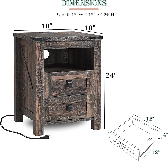 RedLemon Farmhouse Nightstand with Charging Station, Rustic 18 Inch End Table with 2 Storage Drawers and Open Shelf, Wood Sofa Side Table for Bedroom, Living Room (Dark Rustic Oak)