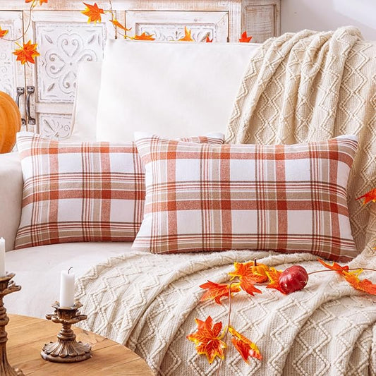 Fall Plaid Orange White Throw Pillow Covers 12x20 Inch, Set of 2 Autumn Decorative Throw Pillows for Couch Sofa Bed Living Room Home Decor, Accent Pillow Cases for Farmhouse Couch Cushion Covers