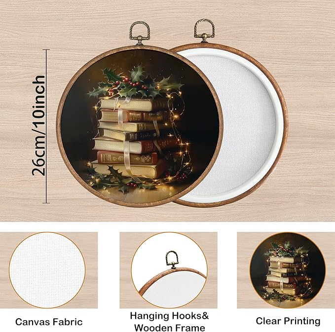 KSDUT Vintage Christmas Wall Decor Art - Retro Book Christmas Wall Art Canvas Frame Hanging Prints, Merry Xmas Holiday Round Wall Art Decor for Home Farmhouse Decorations 10"x10"